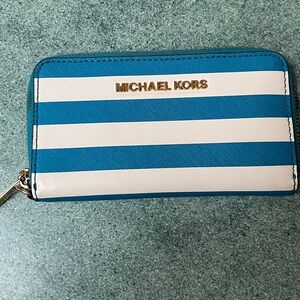 MK Blue & White Stripe Leather Zip Around Wallet